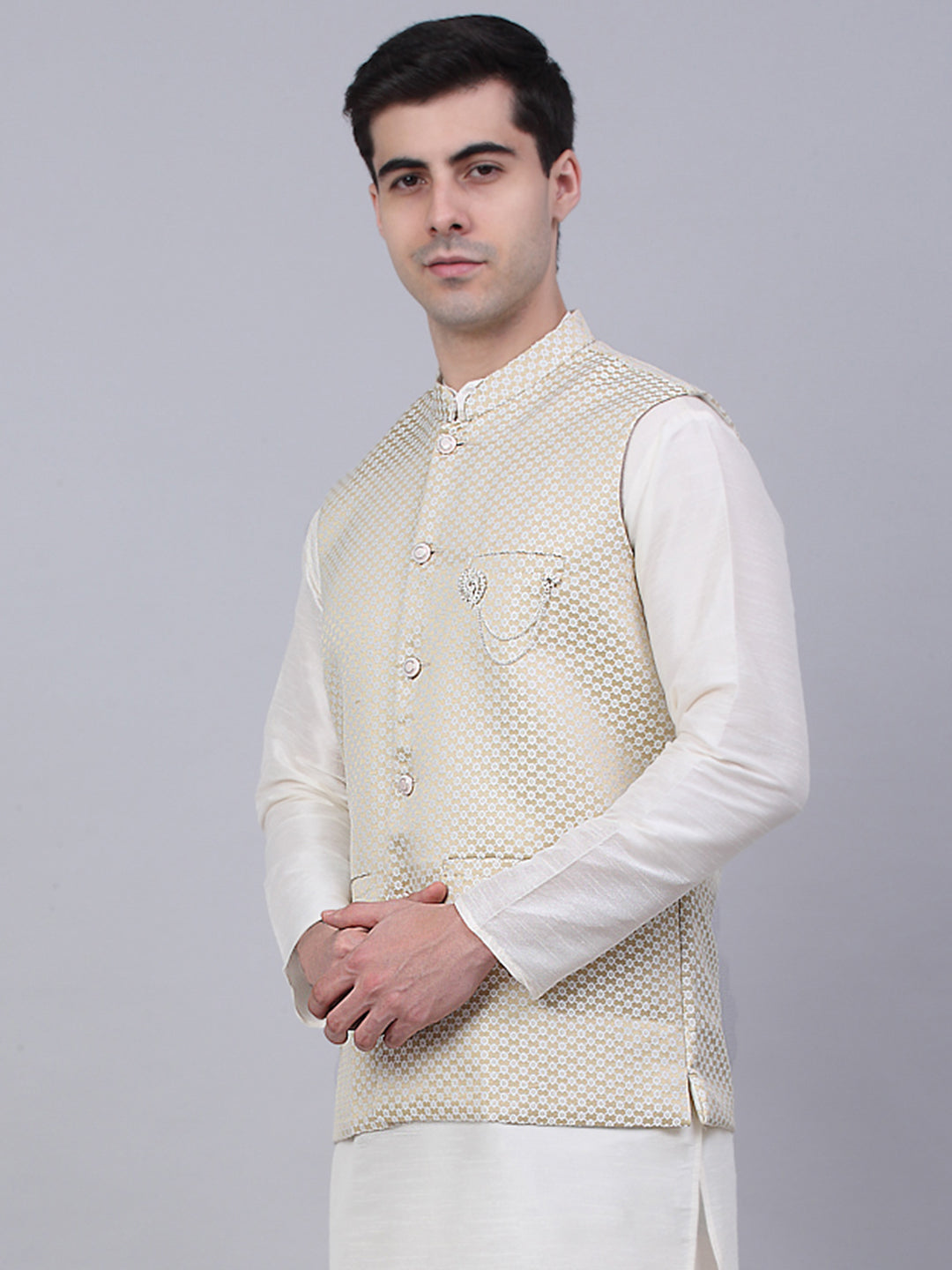 Jompers Men's Beige Woven Design Waistcoats | Grocsy