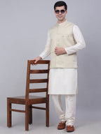Jompers Men's Beige Woven Design Waistcoats | Grocsy