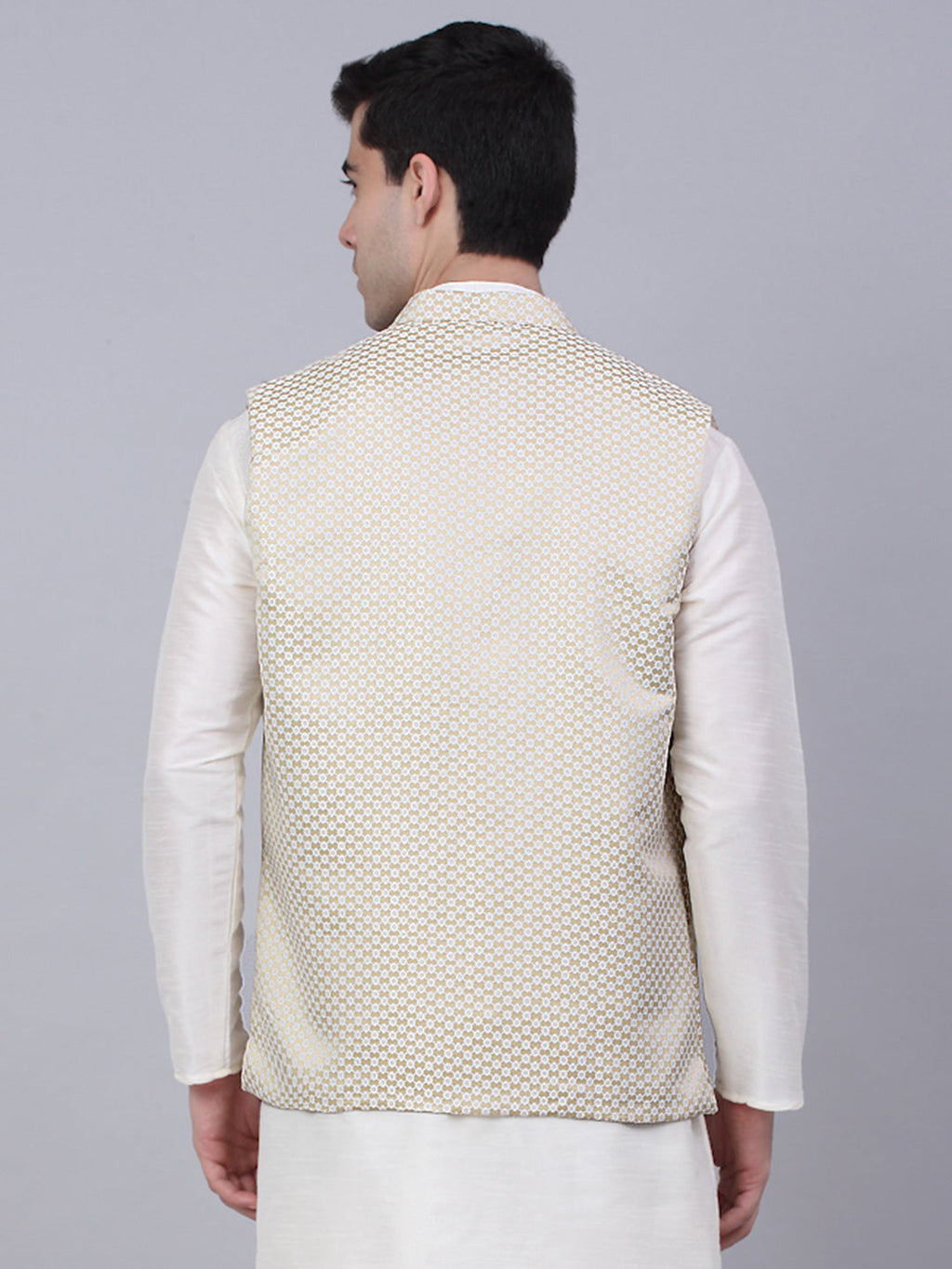 Jompers Men's Beige Woven Design Waistcoats | Grocsy