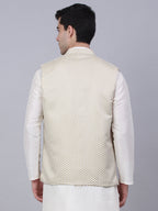 Jompers Men's Beige Woven Design Waistcoats | Grocsy