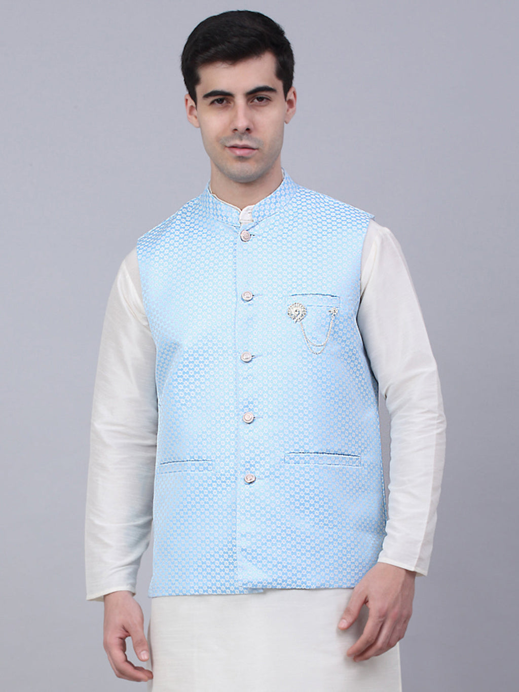 Jompers Men's Blue Woven Design Waistcoats | Grocsy