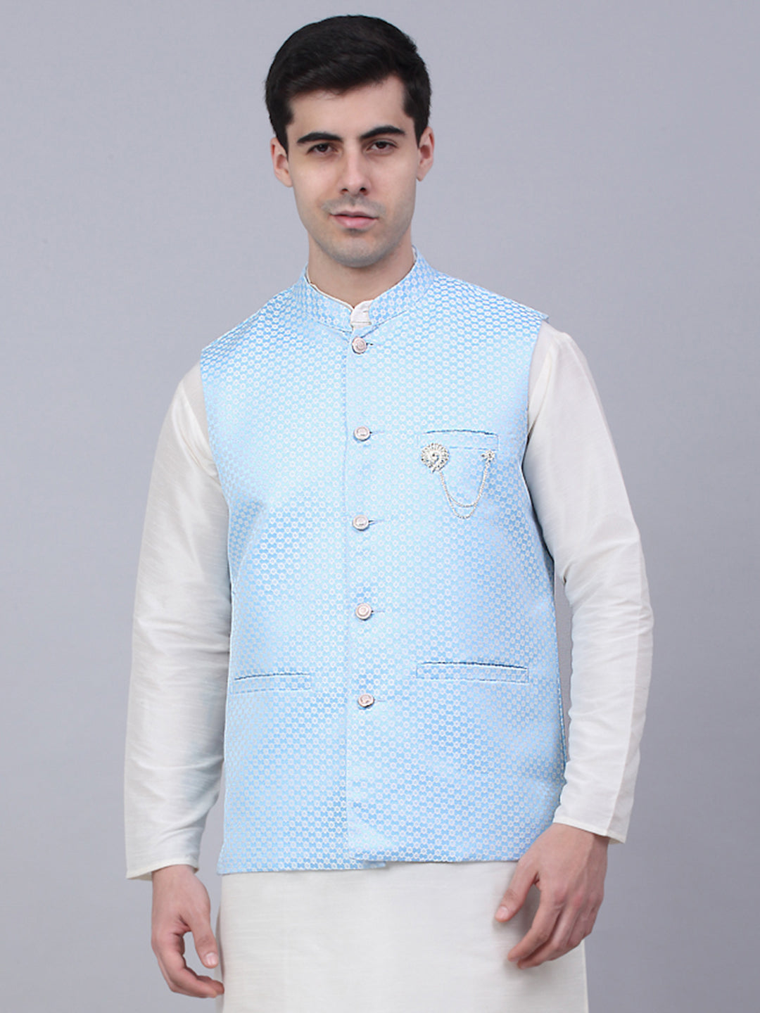 Jompers Men's Blue Woven Design Waistcoats | Grocsy