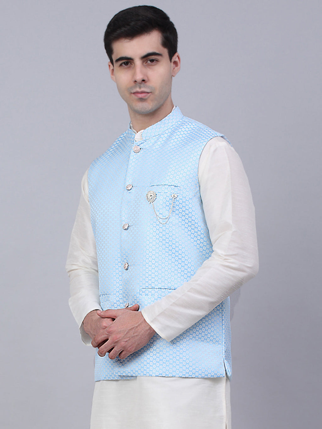Jompers Men's Blue Woven Design Waistcoats | Grocsy