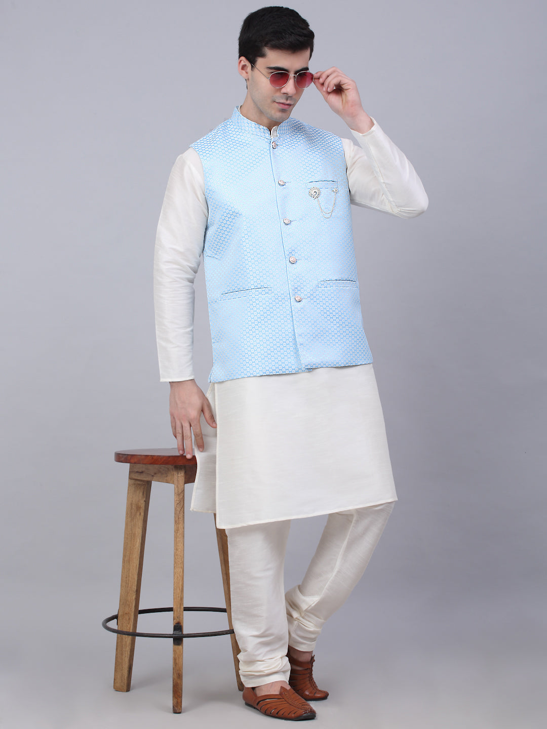 Jompers Men's Blue Woven Design Waistcoats | Grocsy