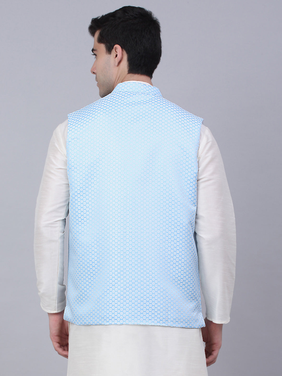 Jompers Men's Blue Woven Design Waistcoats | Grocsy
