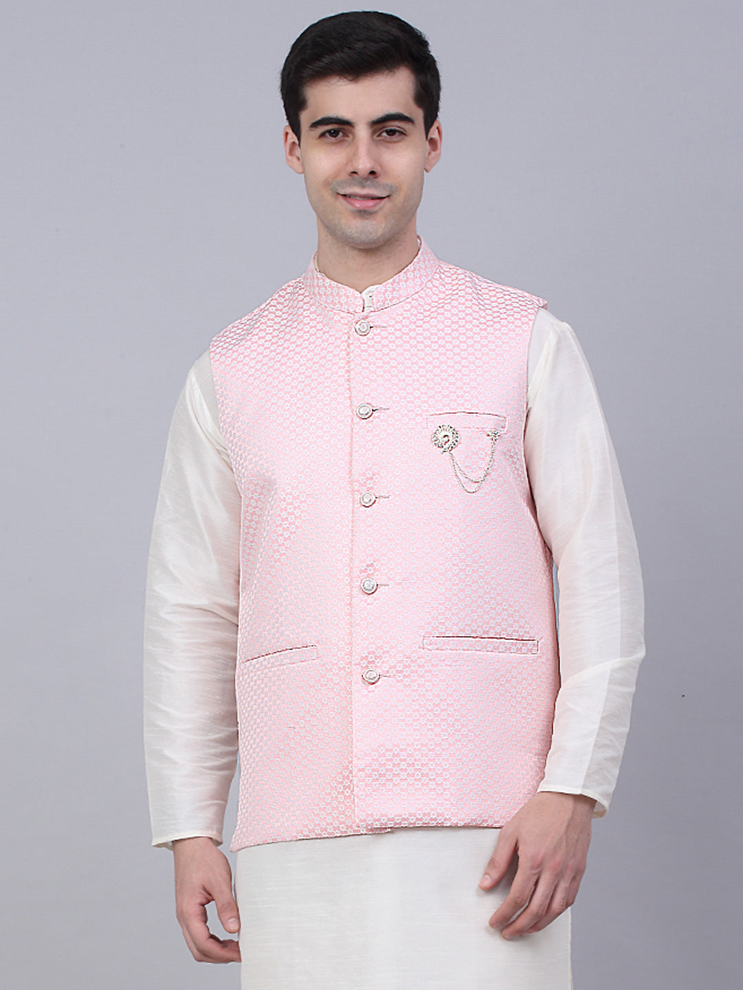 Jompers Men's Pink Woven Design Waistcoats | Grocsy