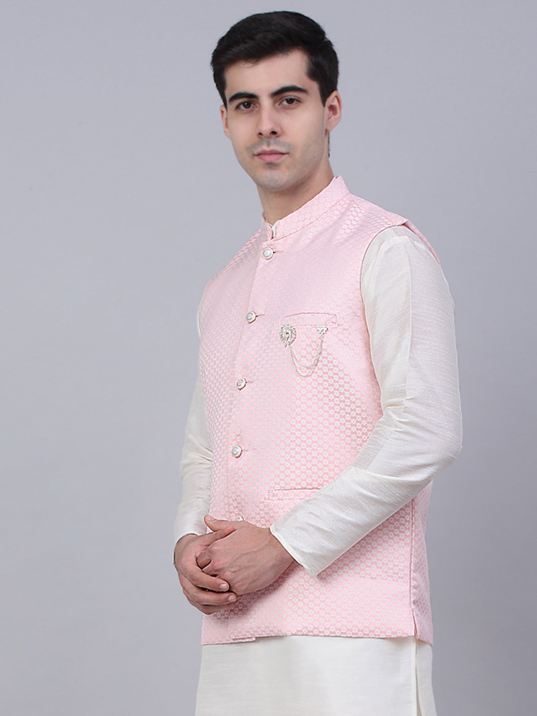 Jompers Men's Pink Woven Design Waistcoats | Grocsy