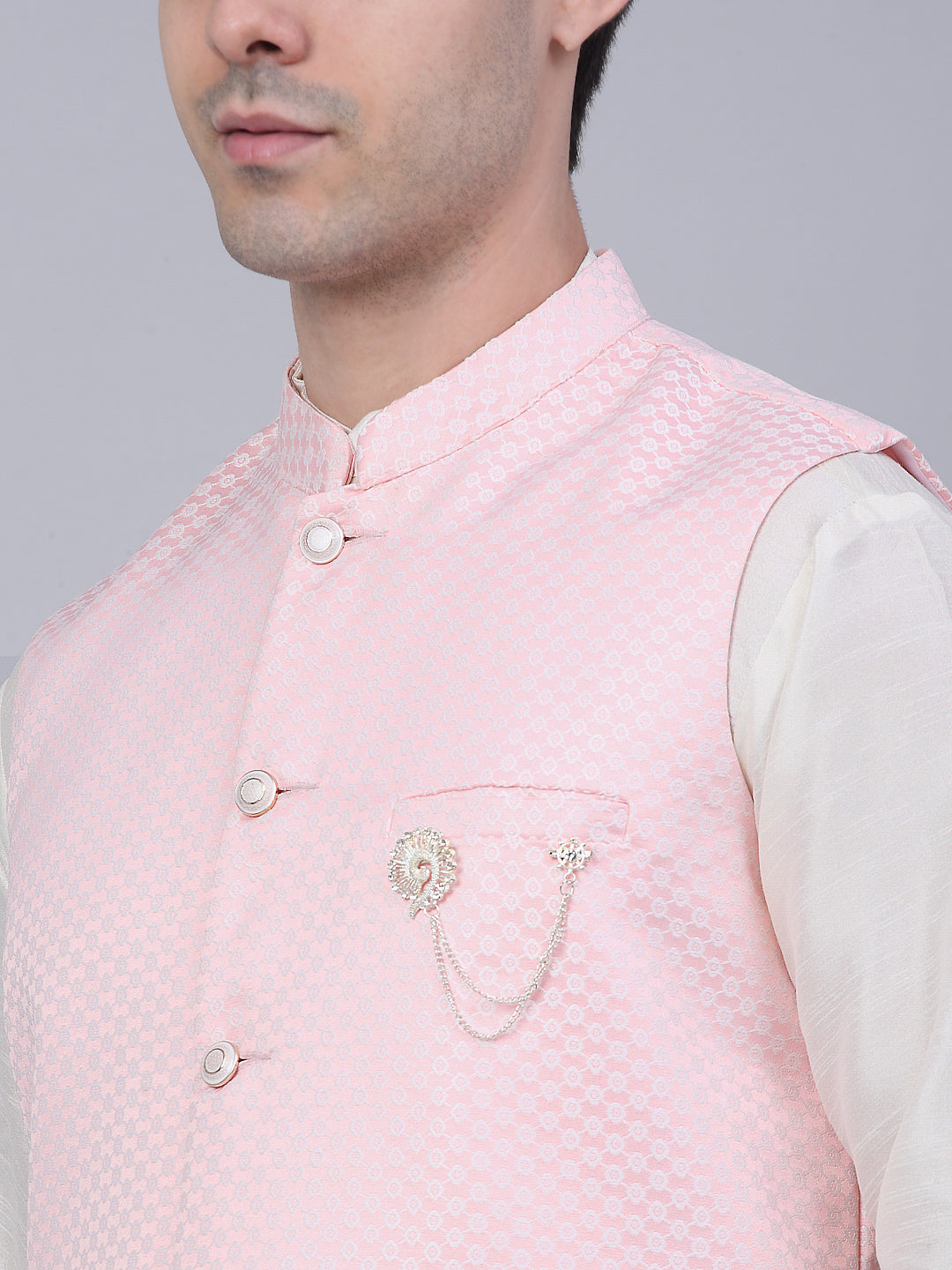 Jompers Men's Pink Woven Design Waistcoats | Grocsy