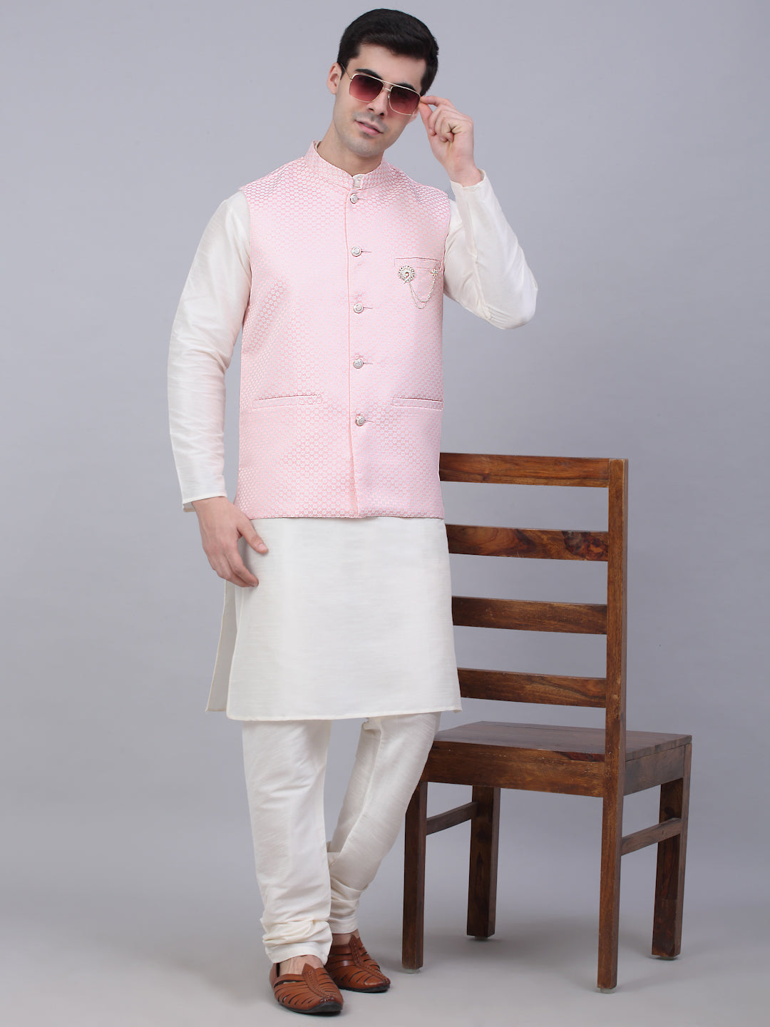 Jompers Men's Pink Woven Design Waistcoats | Grocsy