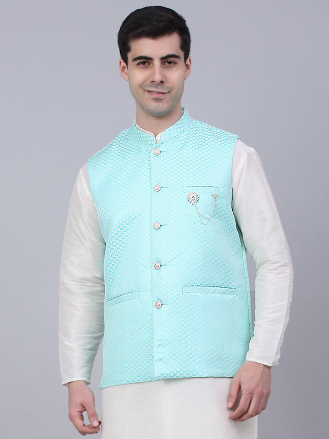 Jompers Men's Sky Blue Woven Design Waistcoats | Grocsy