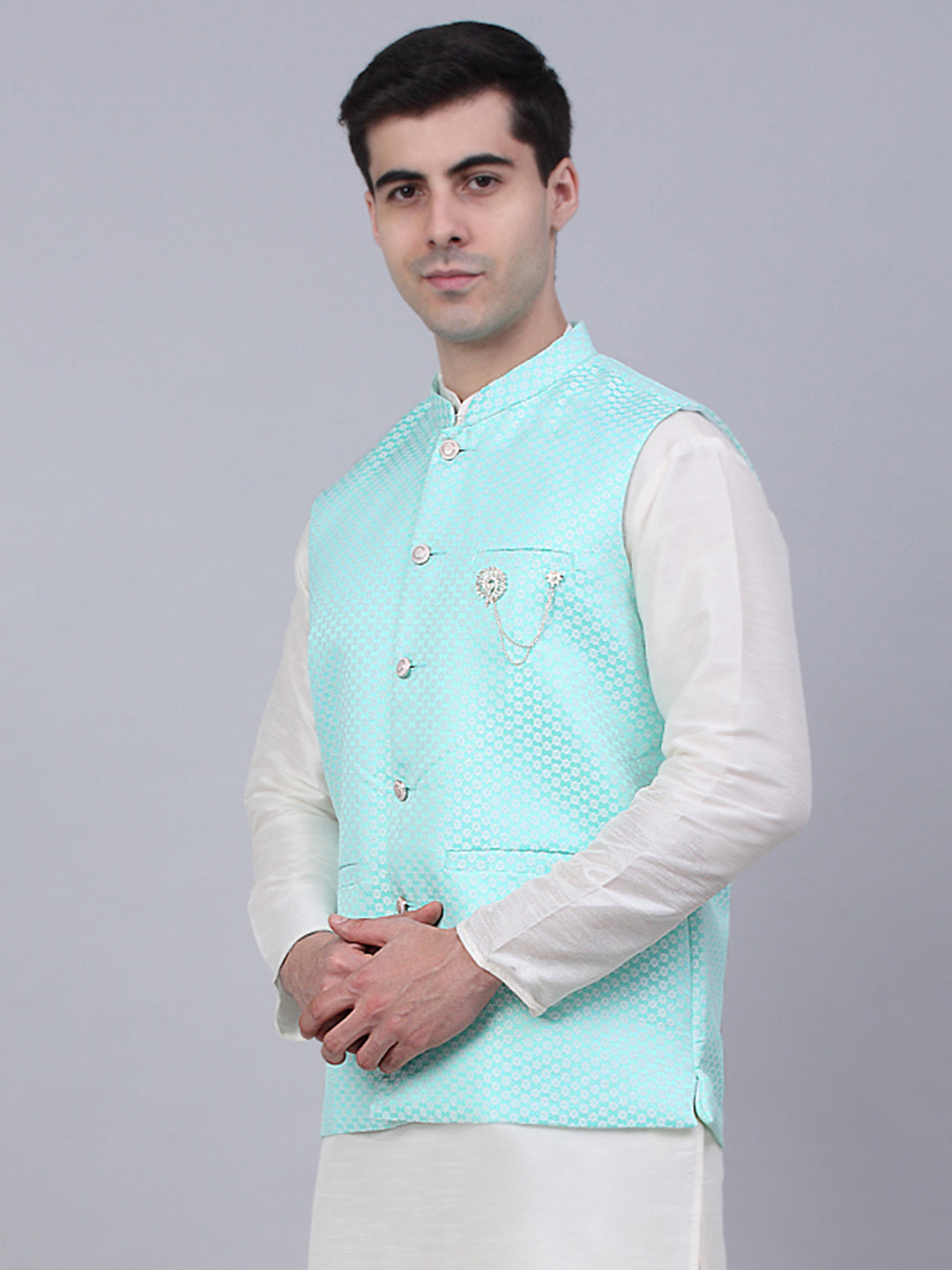 Jompers Men's Sky Blue Woven Design Waistcoats | Grocsy
