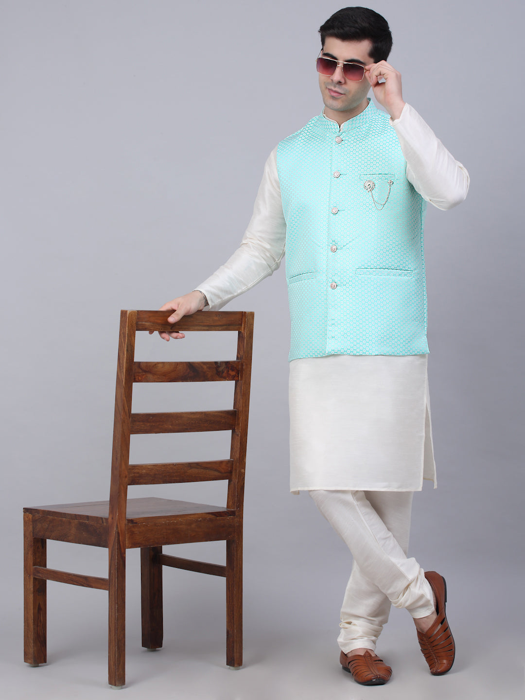 Jompers Men's Sky Blue Woven Design Waistcoats | Grocsy