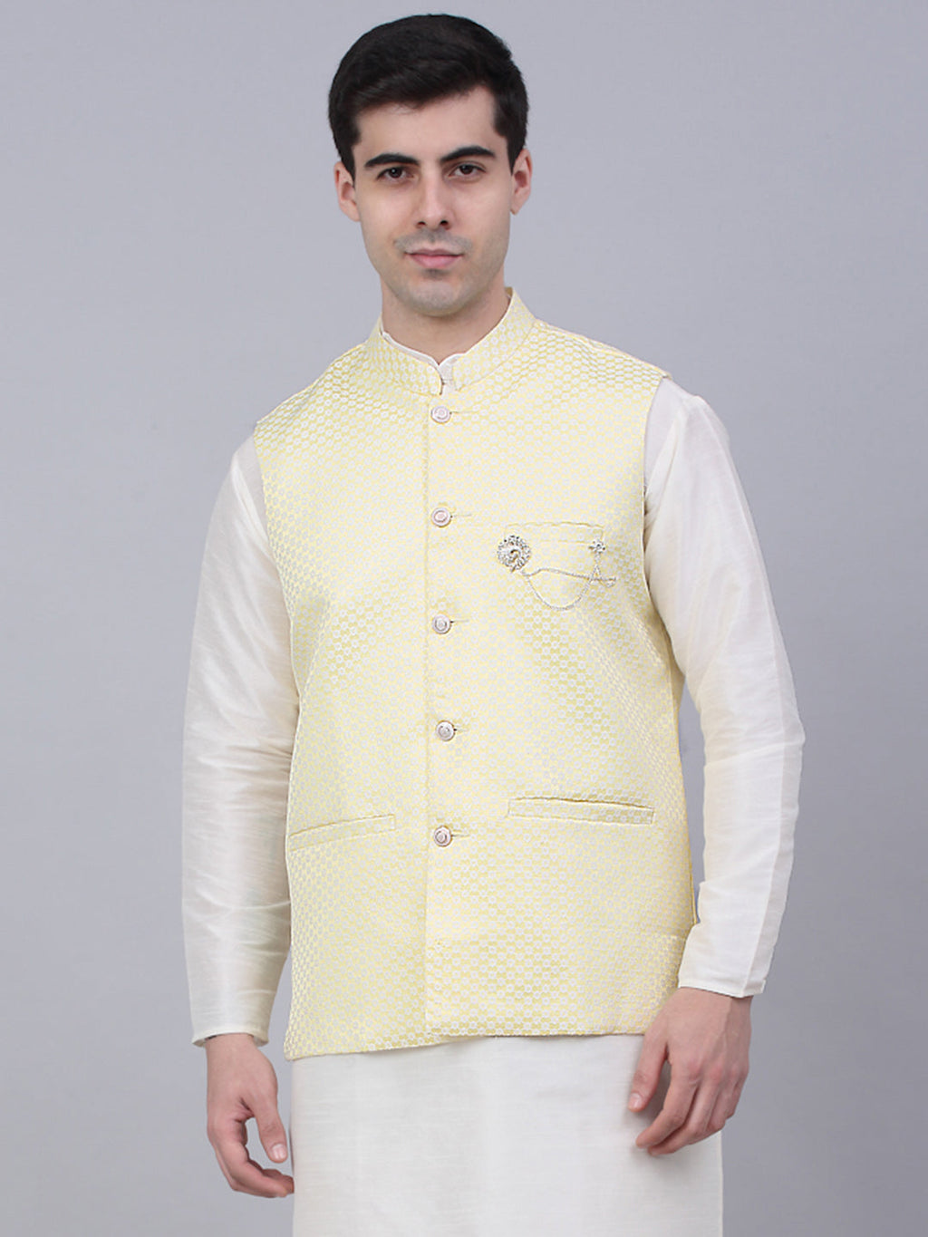 Jompers Men's Yellow Woven Design Waistcoats | Grocsy
