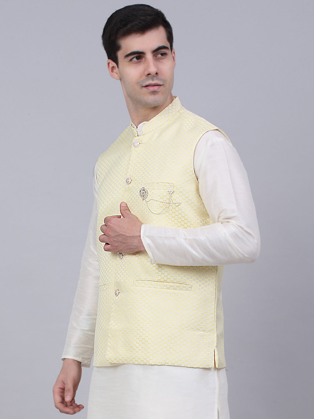 Jompers Men's Yellow Woven Design Waistcoats | Grocsy