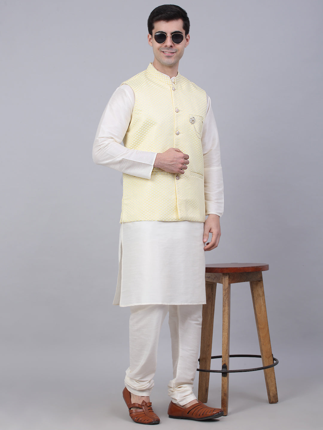 Jompers Men's Yellow Woven Design Waistcoats | Grocsy