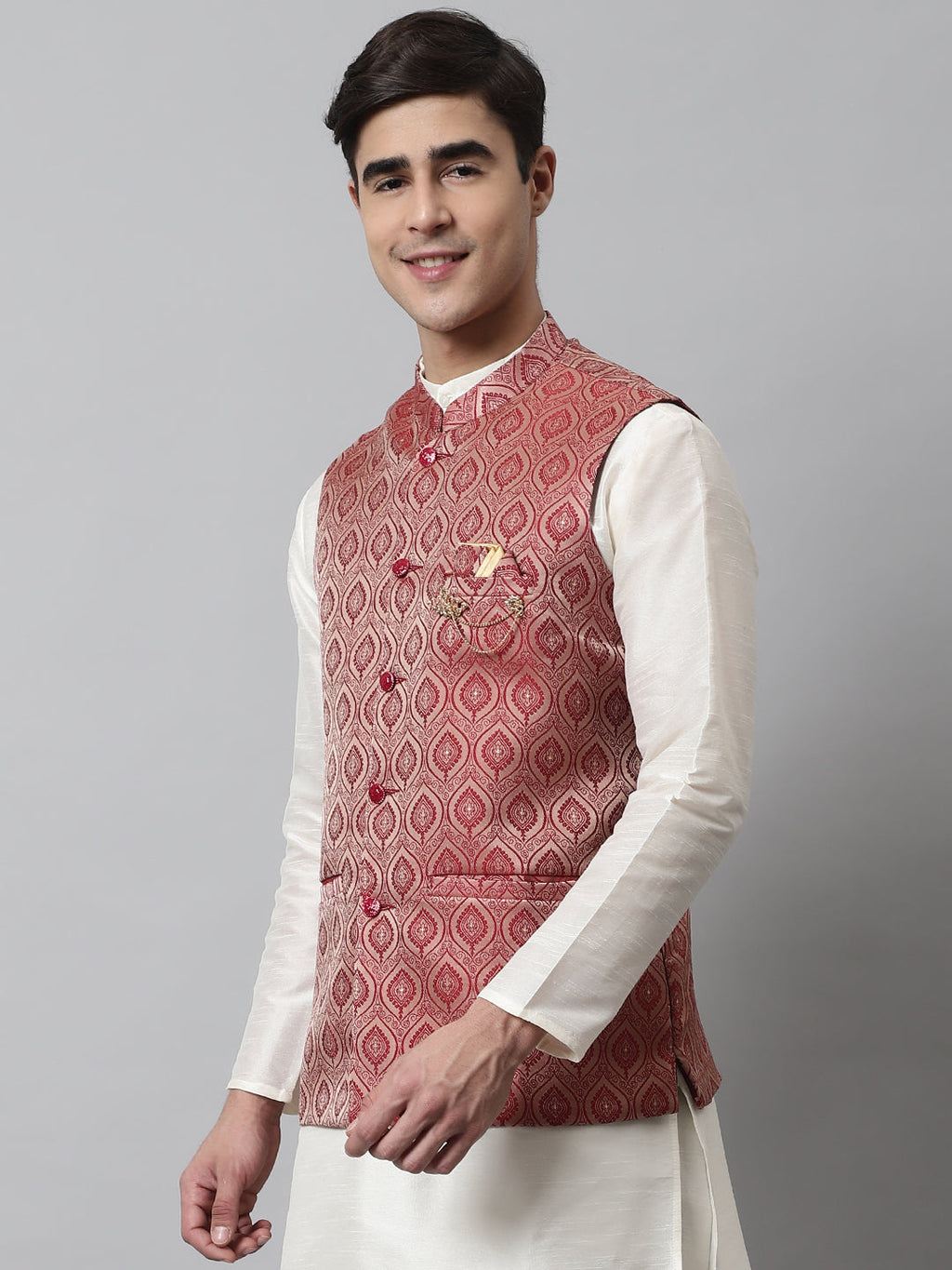 Jompers Men's Maroon Woven Design Waistcoats | Grocsy