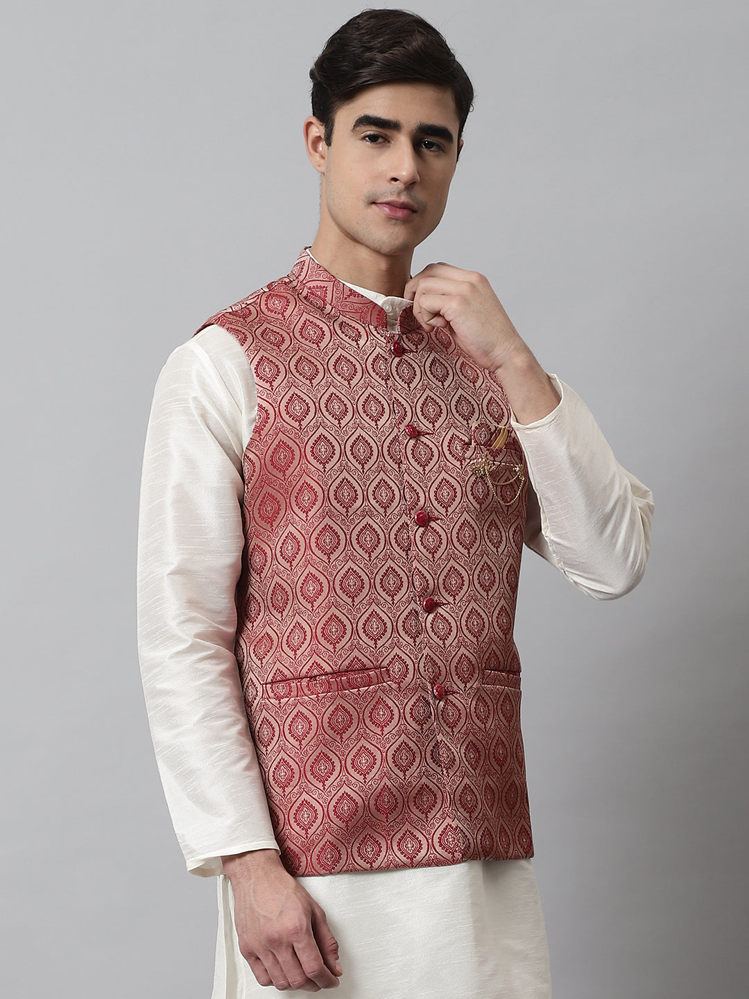 Jompers Men's Maroon Woven Design Waistcoats | Grocsy