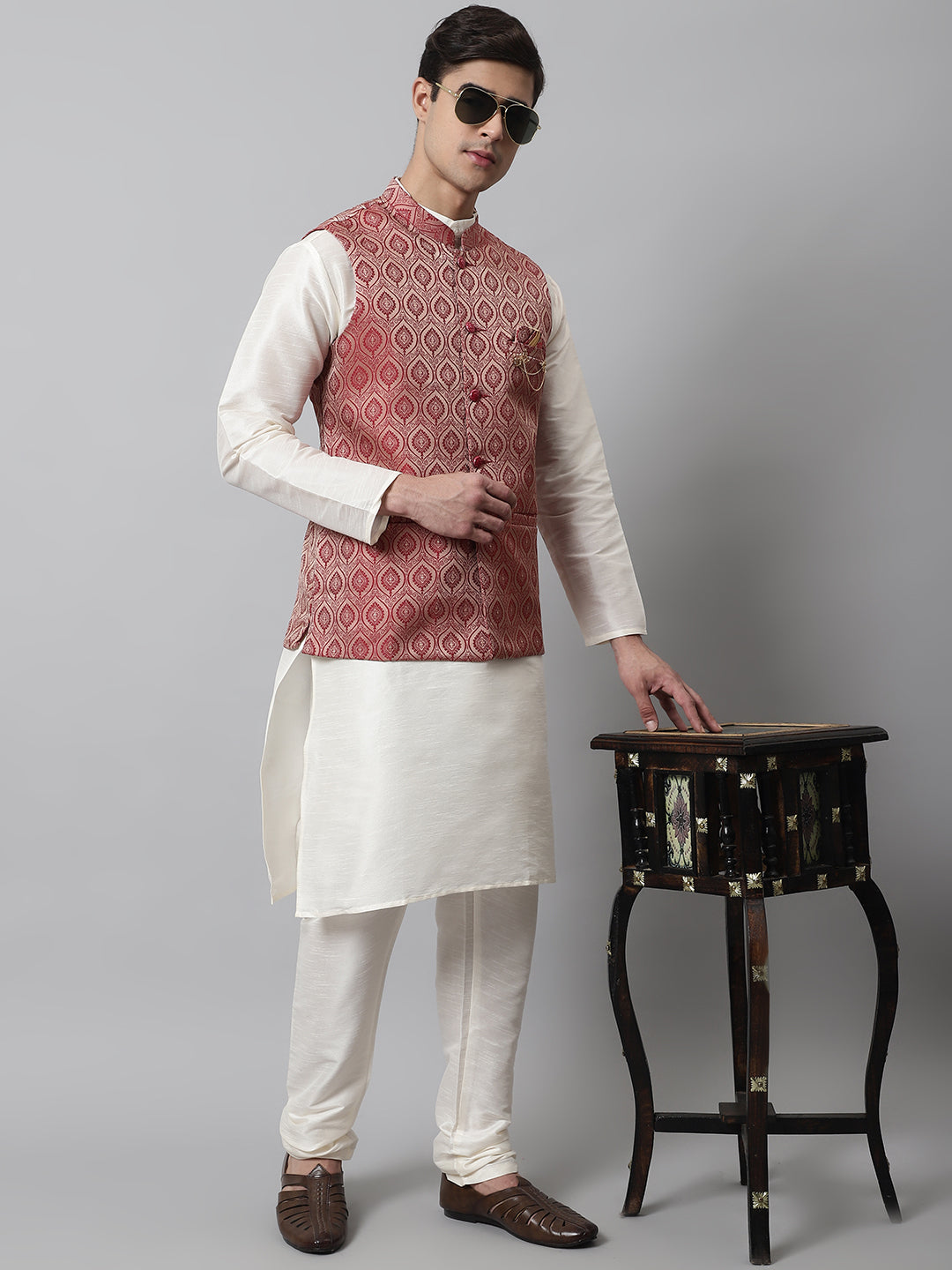 Jompers Men's Maroon Woven Design Waistcoats | Grocsy