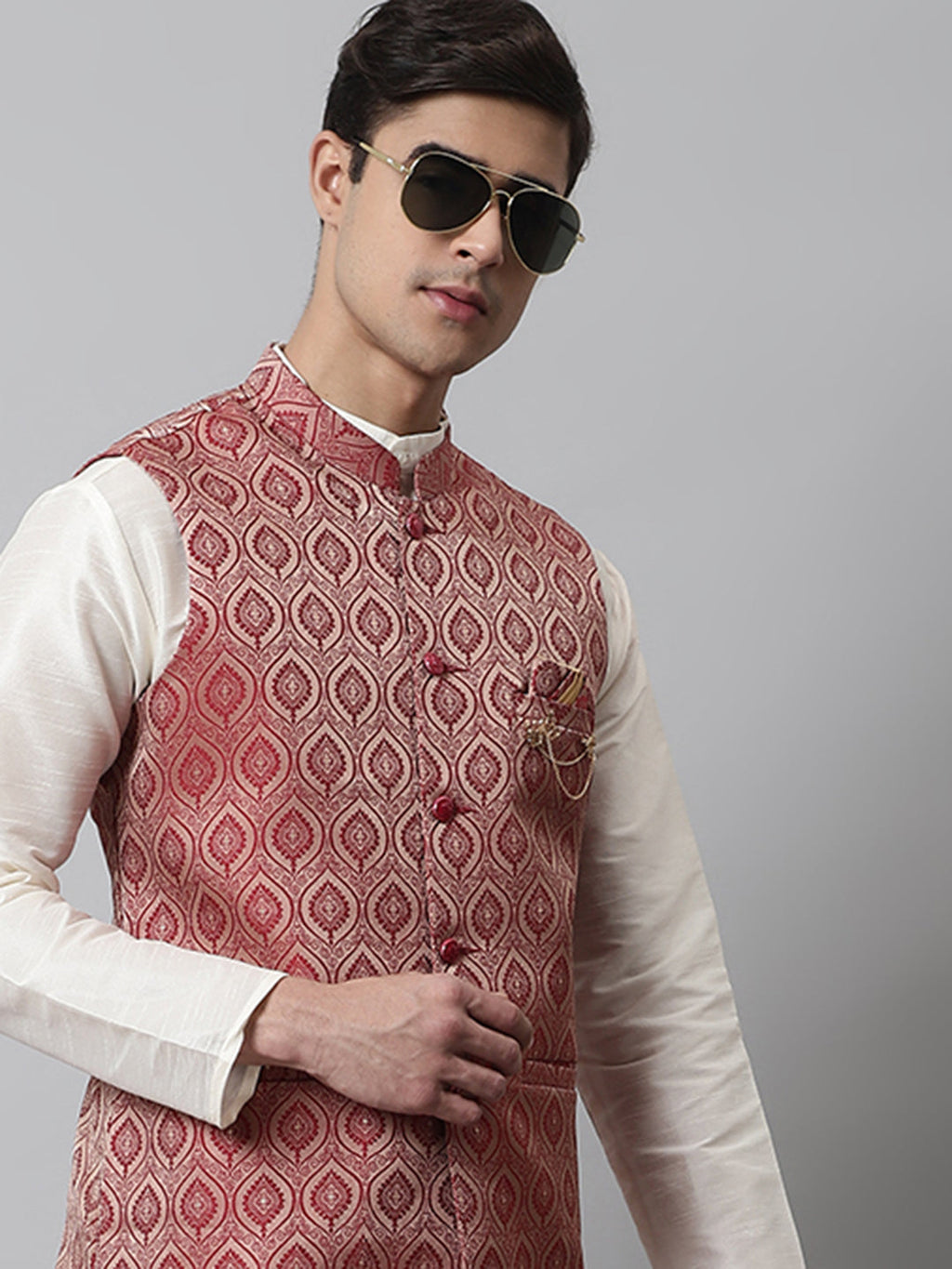 Jompers Men's Maroon Woven Design Waistcoats | Grocsy
