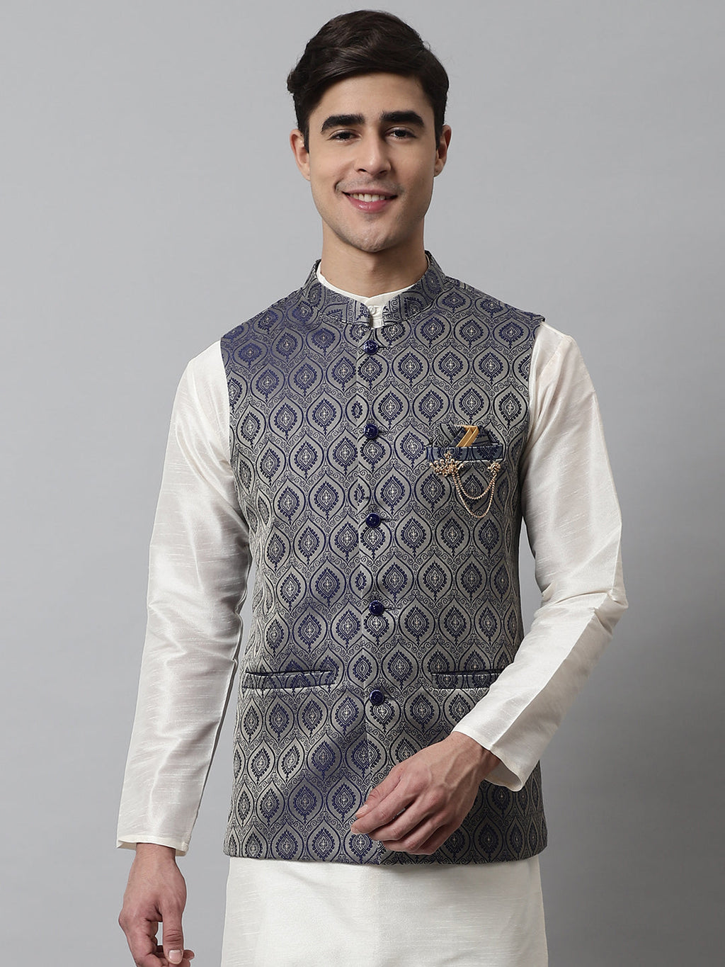 Jompers Men's Navy Blue Woven Design Waistcoats | Grocsy