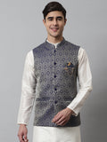Jompers Men's Navy Blue Woven Design Waistcoats | Grocsy