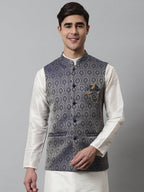Jompers Men's Navy Blue Woven Design Waistcoats | Grocsy