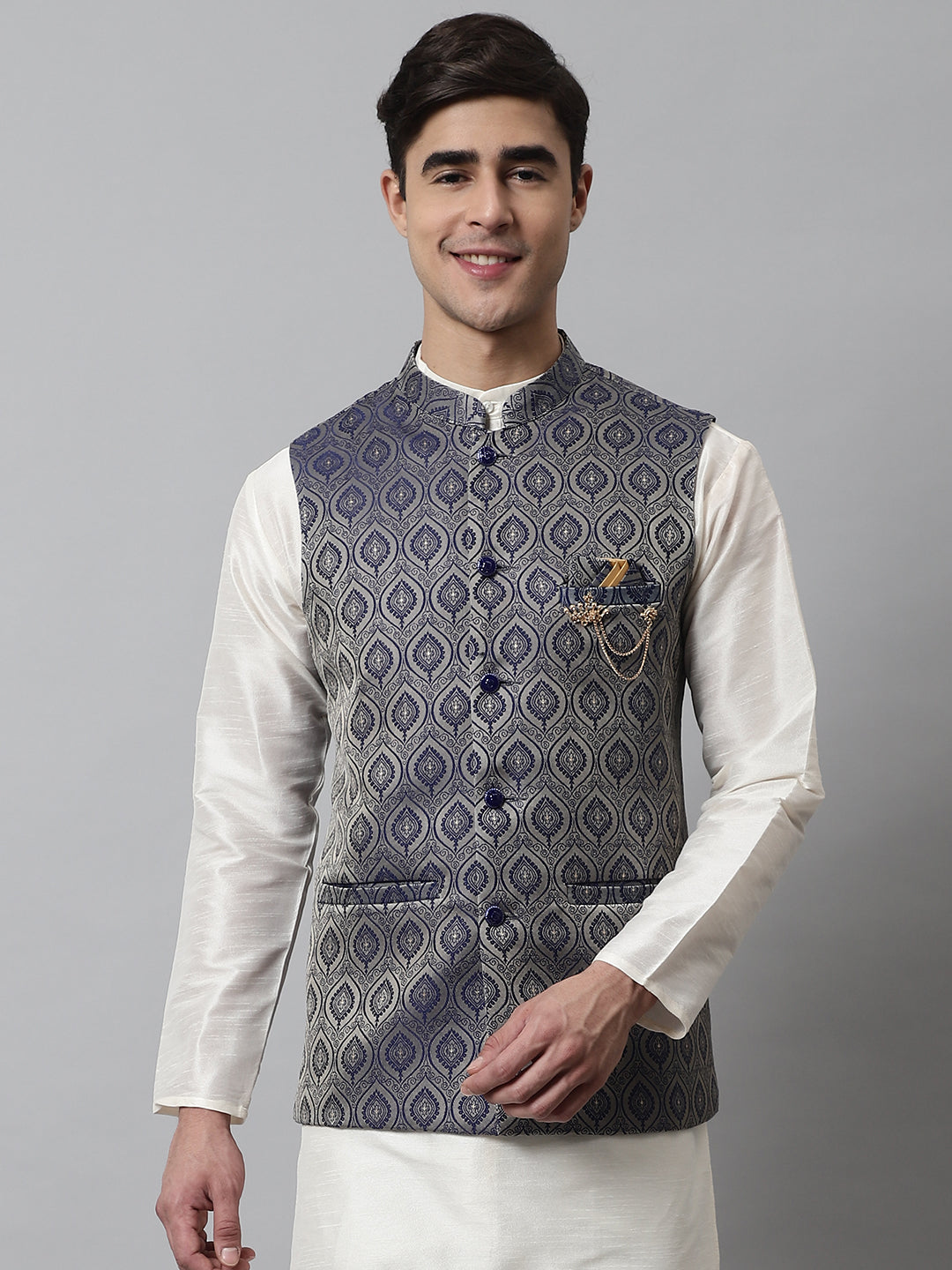 Jompers Men's Navy Blue Woven Design Waistcoats | Grocsy