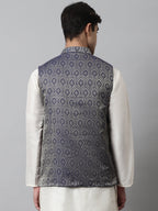 Jompers Men's Navy Blue Woven Design Waistcoats | Grocsy