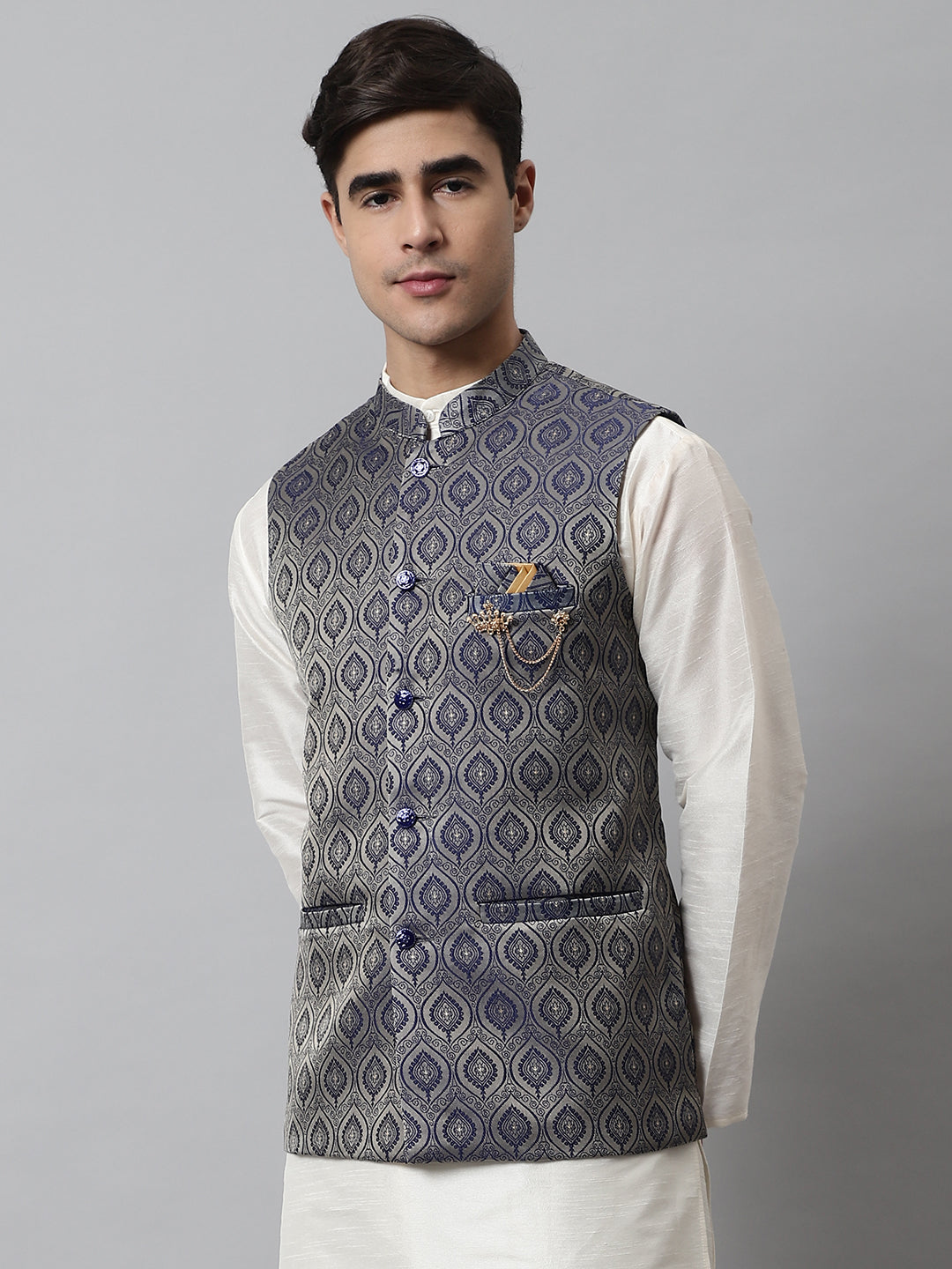 Jompers Men's Navy Blue Woven Design Waistcoats | Grocsy