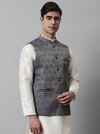 Jompers Men's Navy Blue Woven Design Waistcoats | Grocsy