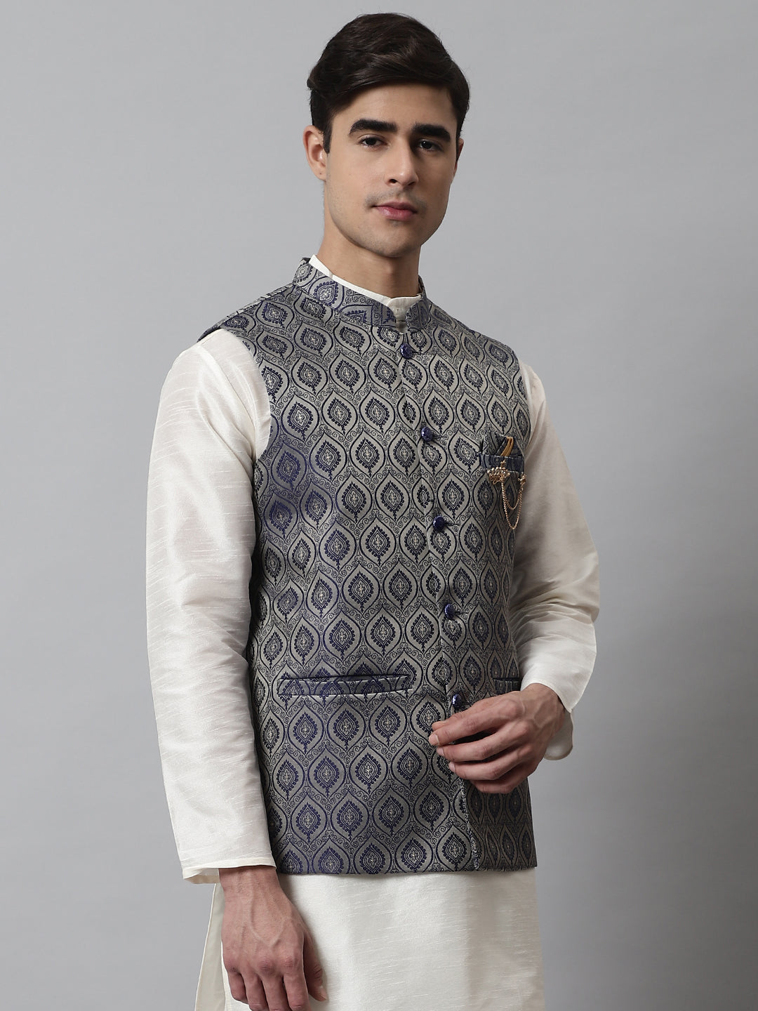 Jompers Men's Navy Blue Woven Design Waistcoats | Grocsy