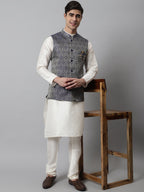 Jompers Men's Navy Blue Woven Design Waistcoats | Grocsy