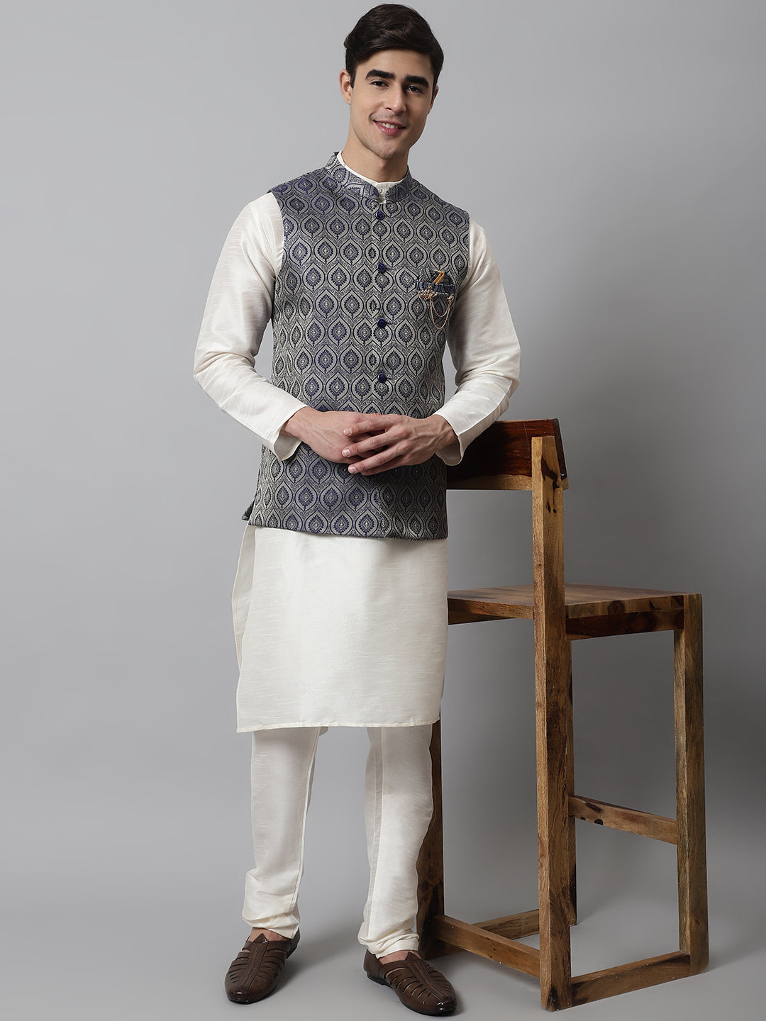 Jompers Men's Navy Blue Woven Design Waistcoats | Grocsy