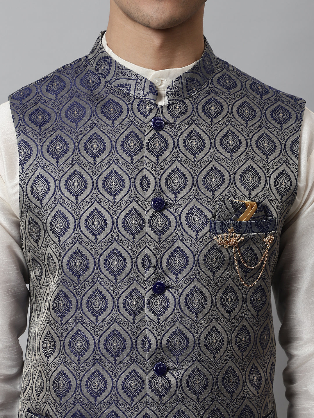 Jompers Men's Navy Blue Woven Design Waistcoats | Grocsy