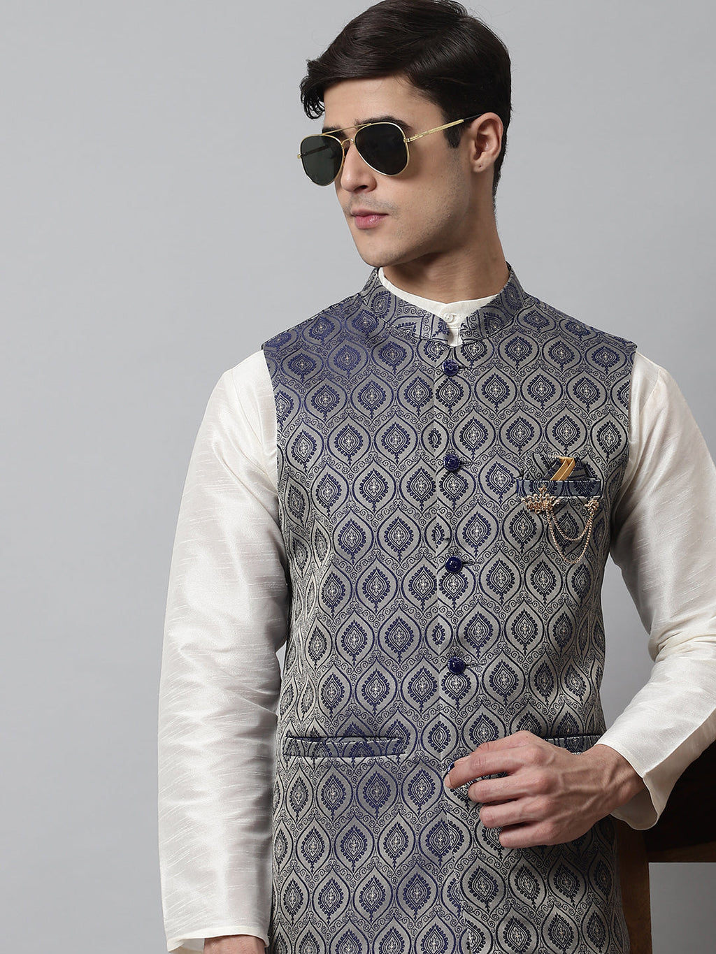 Jompers Men's Navy Blue Woven Design Waistcoats | Grocsy