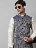 Jompers Men's Navy Blue Woven Design Waistcoats | Grocsy