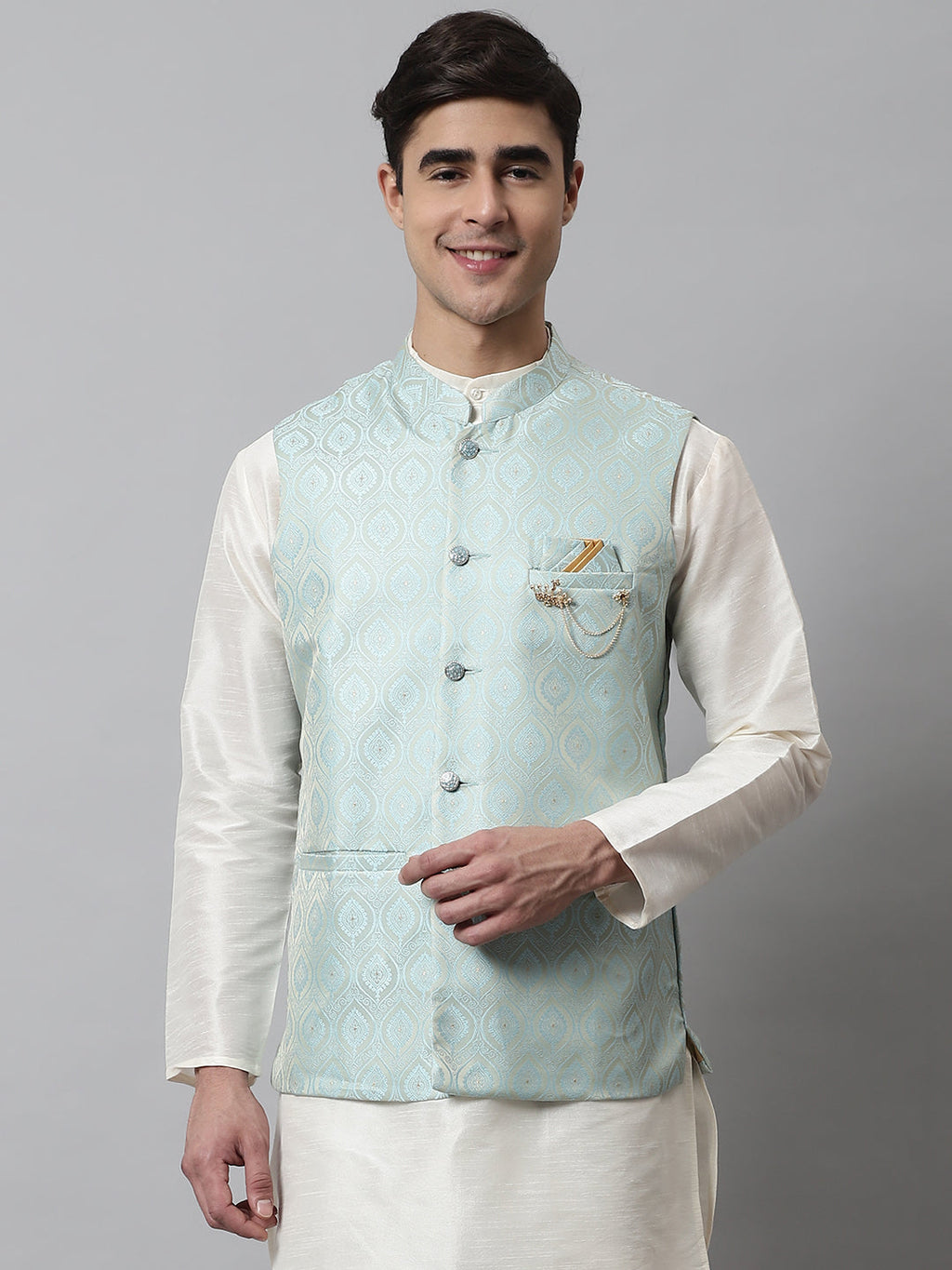 Jompers Men's Sky Blue Woven Design Waistcoats | Grocsy