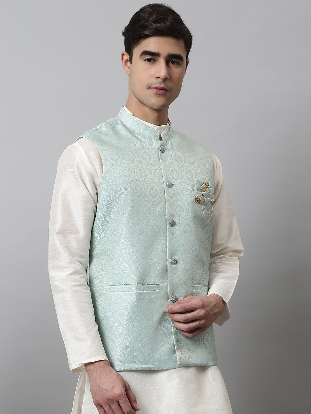 Jompers Men's Sky Blue Woven Design Waistcoats | Grocsy