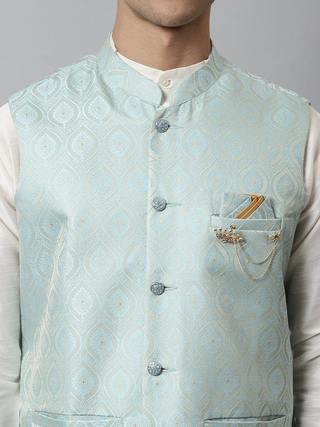 Jompers Men's Sky Blue Woven Design Waistcoats | Grocsy