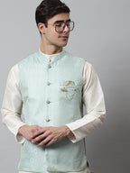 Jompers Men's Sky Blue Woven Design Waistcoats | Grocsy