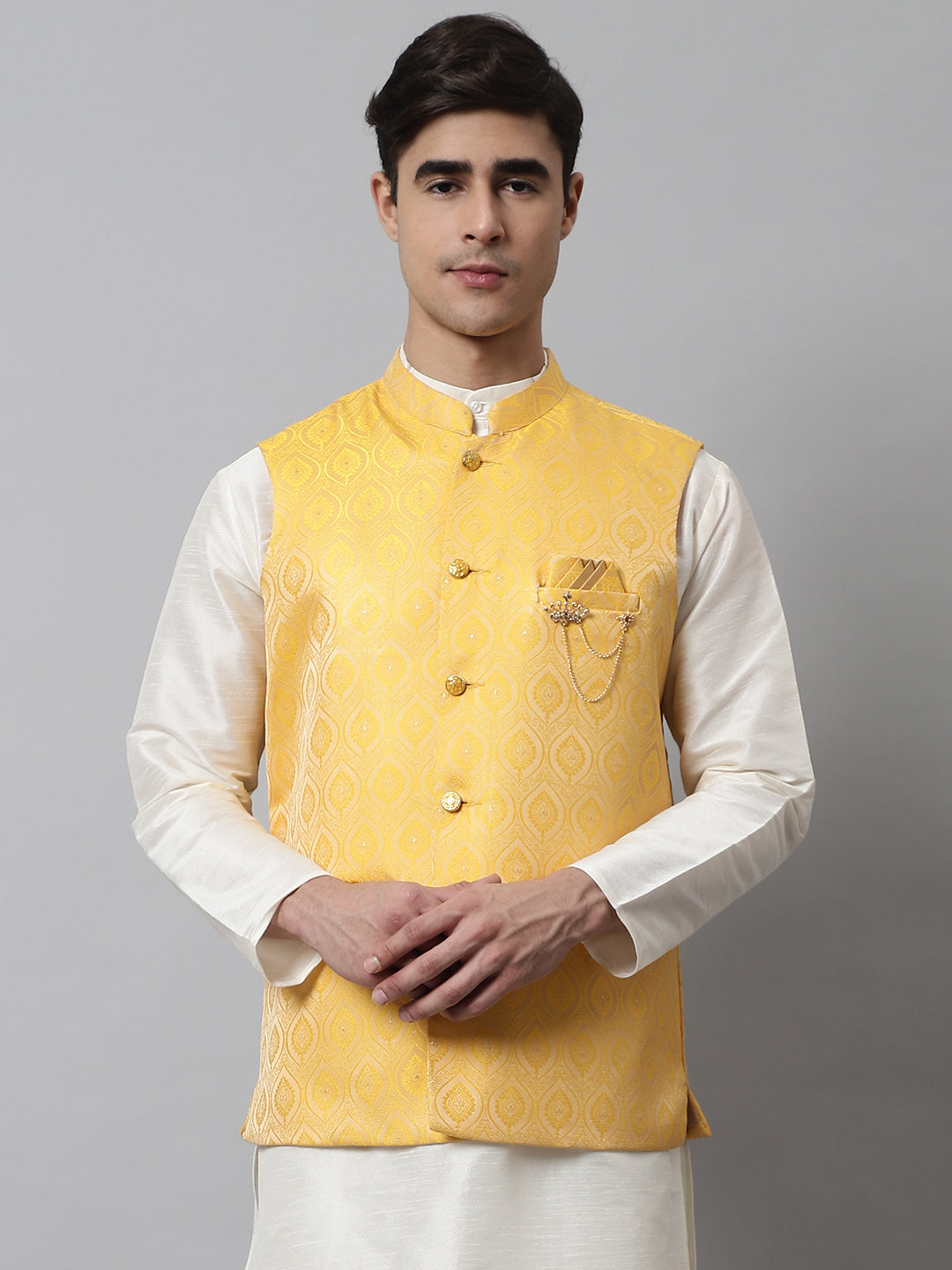 Jompers Men's Yellow Woven Design Waistcoats | Grocsy