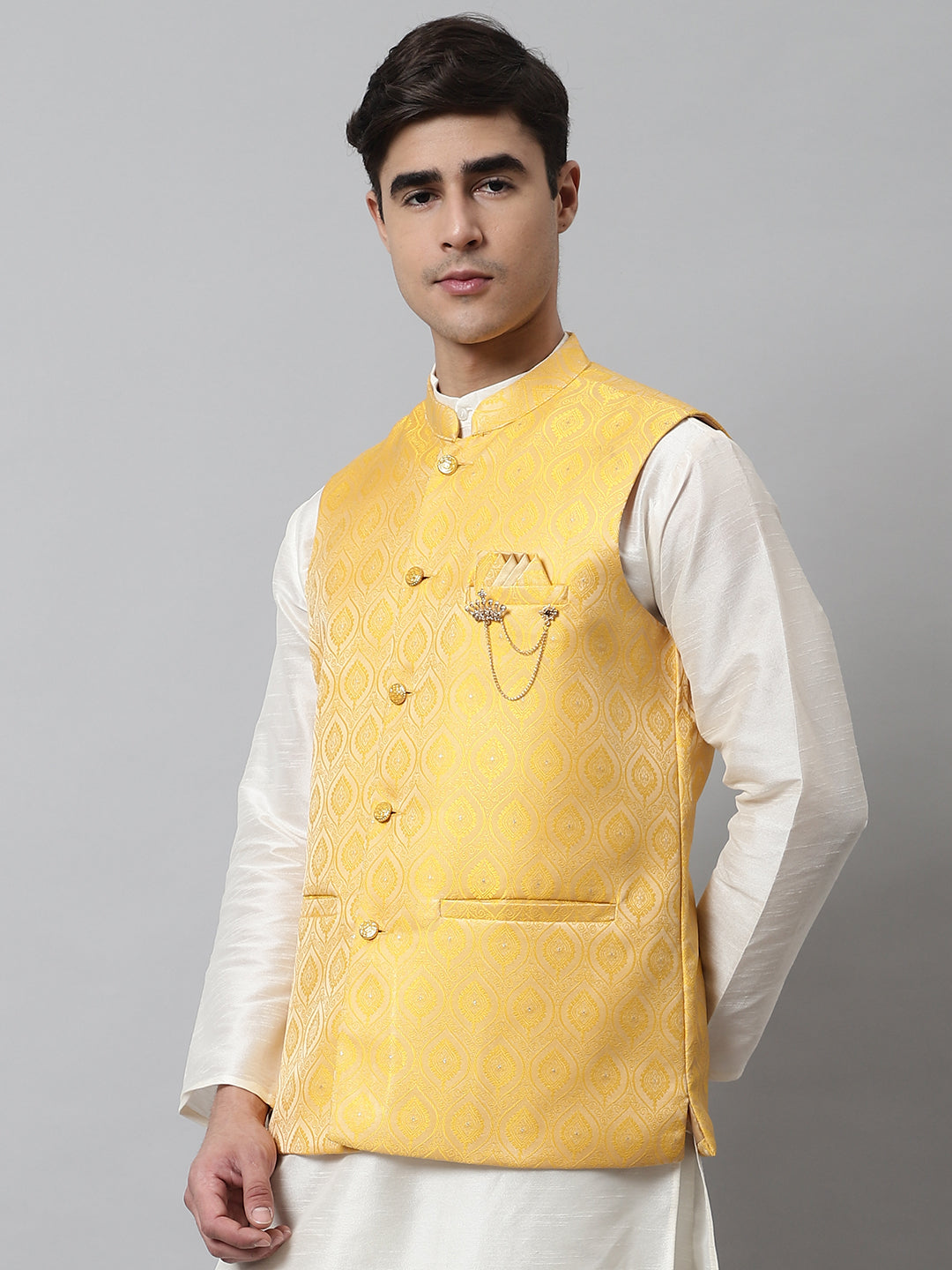 Jompers Men's Yellow Woven Design Waistcoats | Grocsy