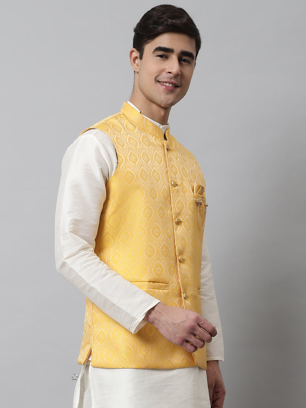 Jompers Men's Yellow Woven Design Waistcoats | Grocsy
