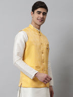 Jompers Men's Yellow Woven Design Waistcoats | Grocsy