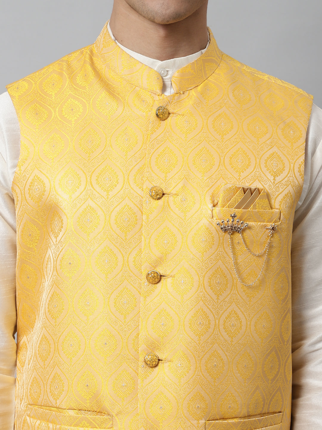 Jompers Men's Yellow Woven Design Waistcoats | Grocsy