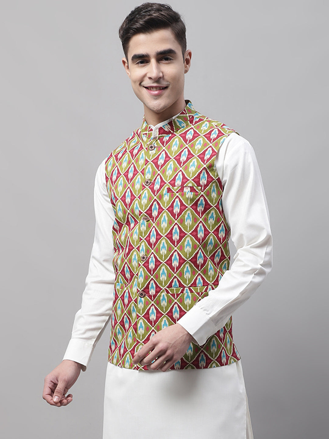 Jompers Men's Olive and Maroon Printed Waistcoats | Grocsy