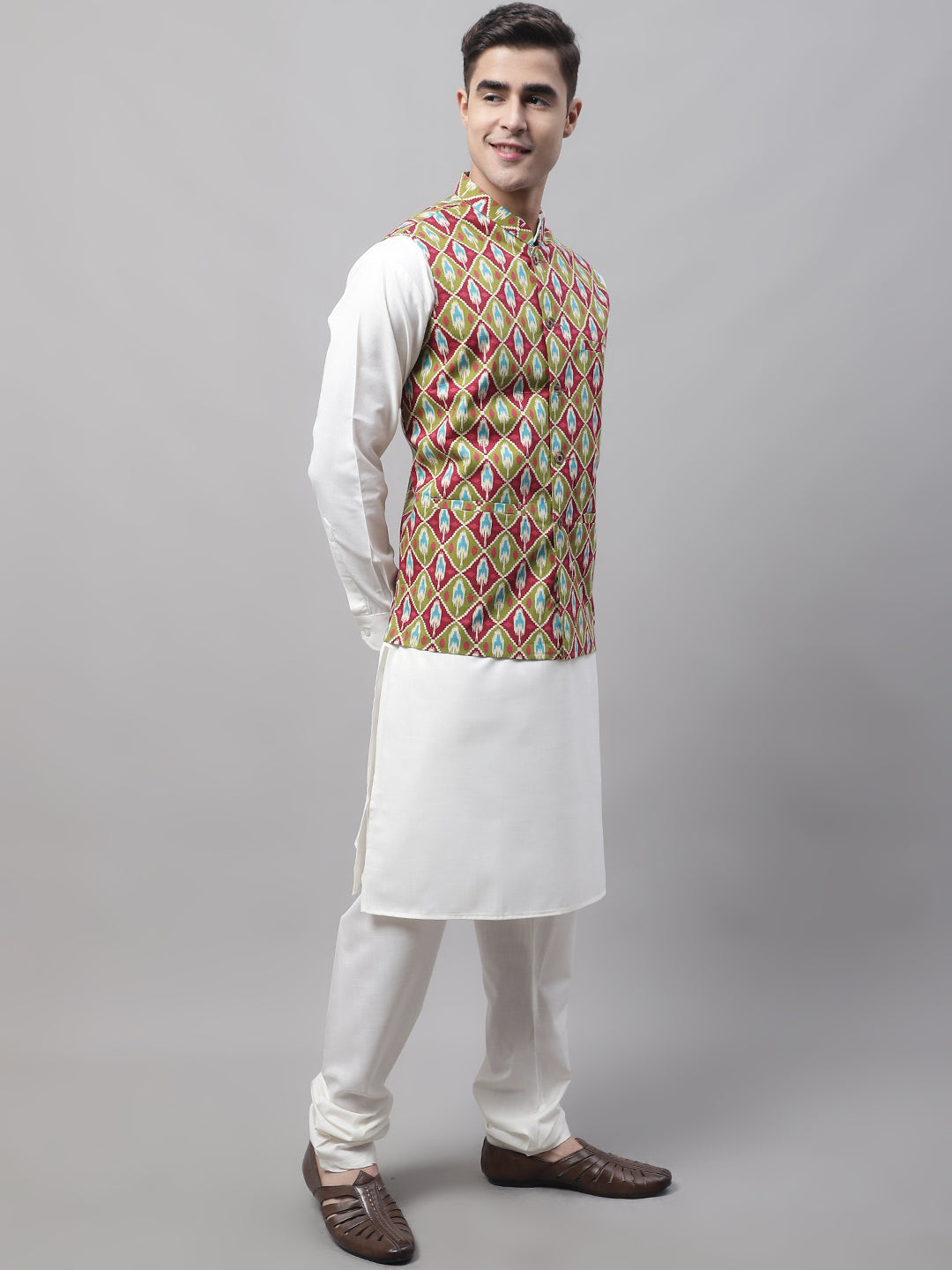 Jompers Men's Olive and Maroon Printed Waistcoats | Grocsy