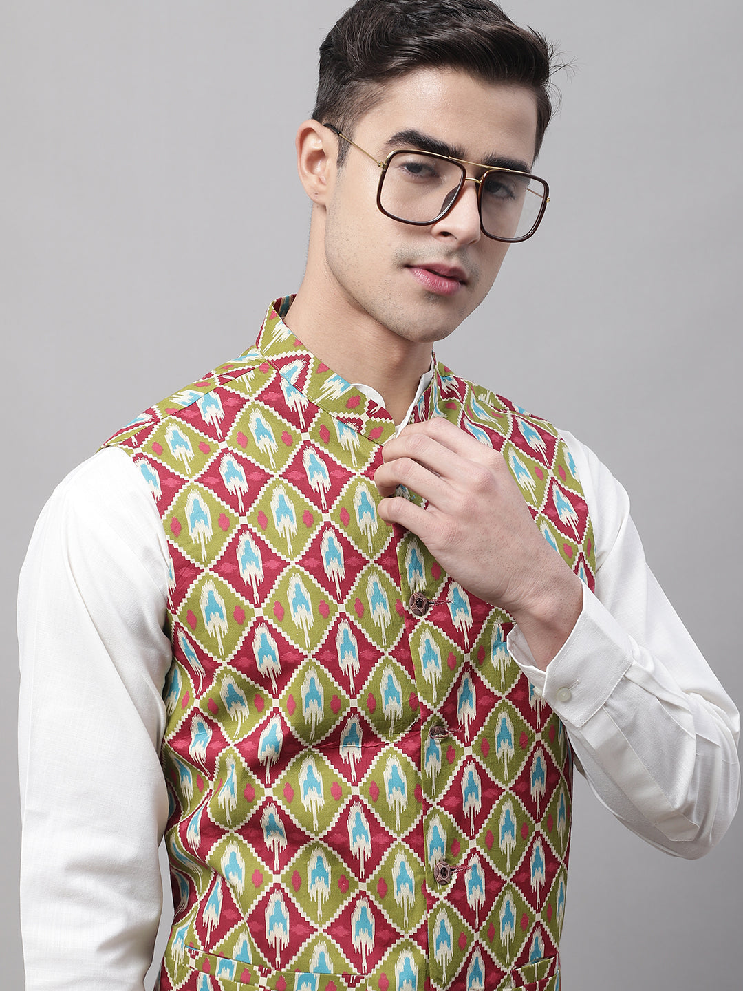 Jompers Men's Olive and Maroon Printed Waistcoats | Grocsy