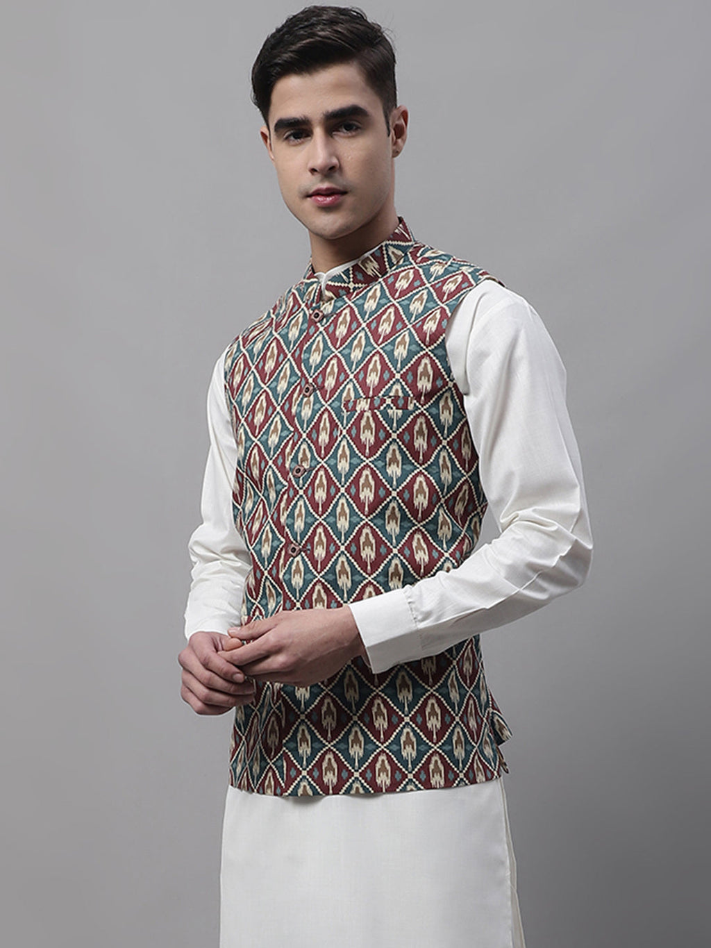 Jompers Men's Teal and Maroon Printed Waistcoats | Grocsy