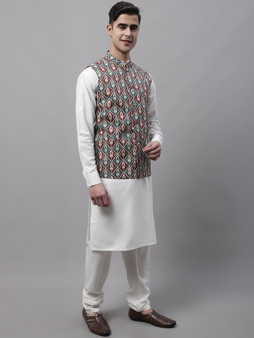 Jompers Men's Teal and Maroon Printed Waistcoats | Grocsy